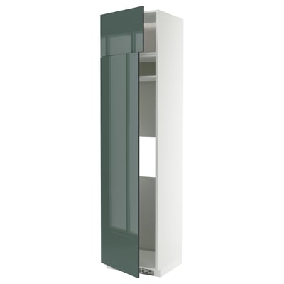 Modern kitchen cabinet, high gloss green, slim rectangular shape, two doors, adjustable shelf.