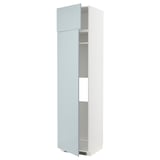 A high-gloss, grey-blue ikea METOD kitchen cabinet with a sleek design. It has two doors and internal shelves.