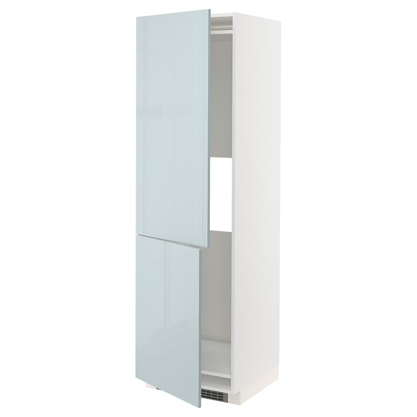 A tall, glossy, light blue cabinet with two doors and an open section. It is part of the METOD kitchen system.
