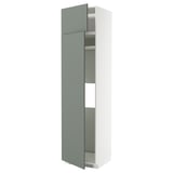 METOD kitchen cabinet, green, tall, white frame with glass door.