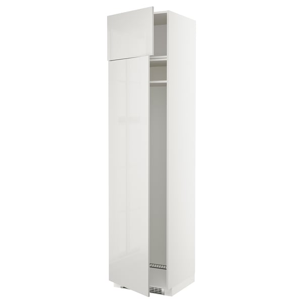 High gloss white METOD cabinet, tall with one open door, modern design, sleek finish.