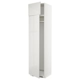 High gloss white METOD cabinet, tall with one open door, modern design, sleek finish.