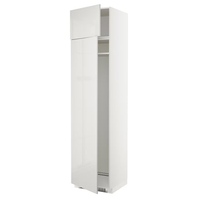 High gloss white METOD cabinet, tall with one open door, modern design, sleek finish.