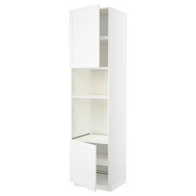 White METOD kitchen cabinet, tall, with two adjustable shelves, minimalist modern design, includes hinged door.