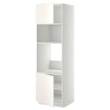 A white METOD kitchen cabinet with adjustable shelves and a hinged door. Modern design, thin frame, and two visible compartments.