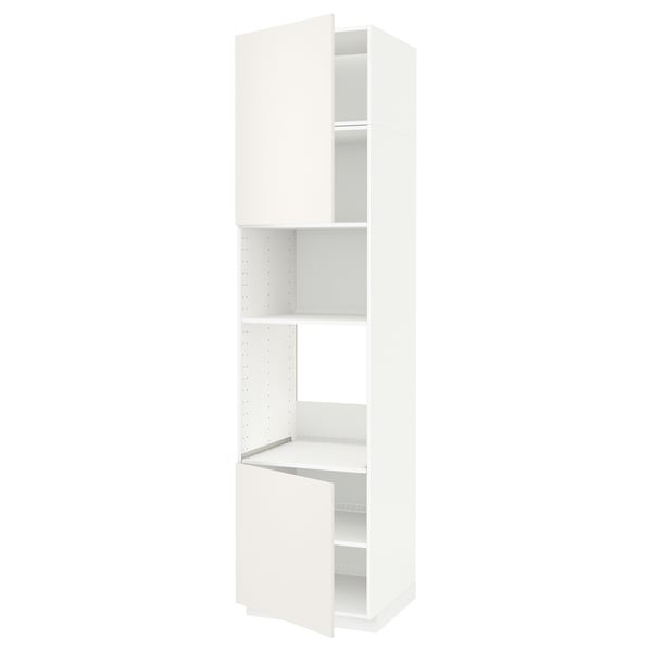 White METOD kitchen cabinet with open doors, adjustable shelves, clean lines.