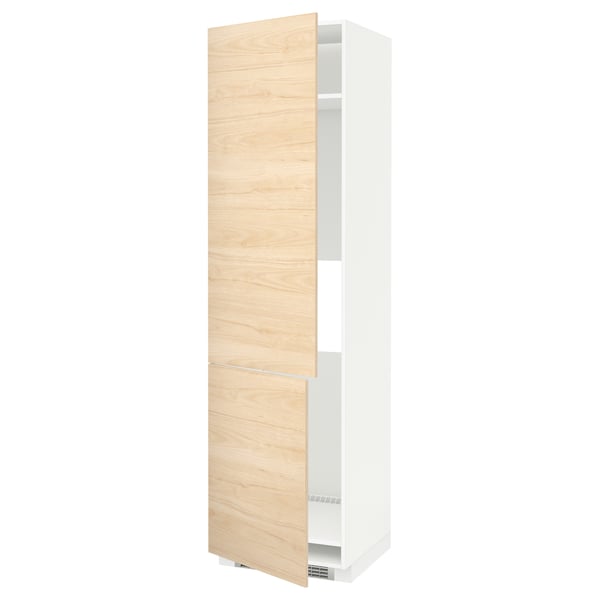 A METOD tall kitchen cabinet with light ash wood-patterned askersund doors, white frame, and adjustable shelves.