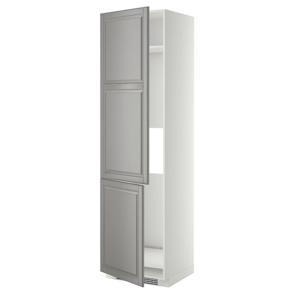 This image shows a METOD kitchen cabinet in soft grey with beveled edges, featuring an adjustable shelf and sturdy frame construction.