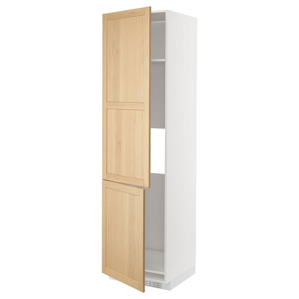 Open white cabinet with wooden doors. Tall, rectangular, with three shelves inside. Top two doors open, revealing storage space.