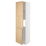Open white cabinet with wooden doors. Tall, rectangular, with three shelves inside. Top two doors open, revealing storage space.