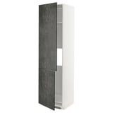 A tall, white kitchen cabinet with dark grey concrete effect doors. It has three shelves inside.