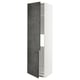 A tall, white kitchen cabinet with dark grey concrete effect doors. It has three shelves inside.