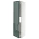 Modern tall kitchen cabinet with high-gloss grey-green doors, featuring sleek design and adjustable shelves.