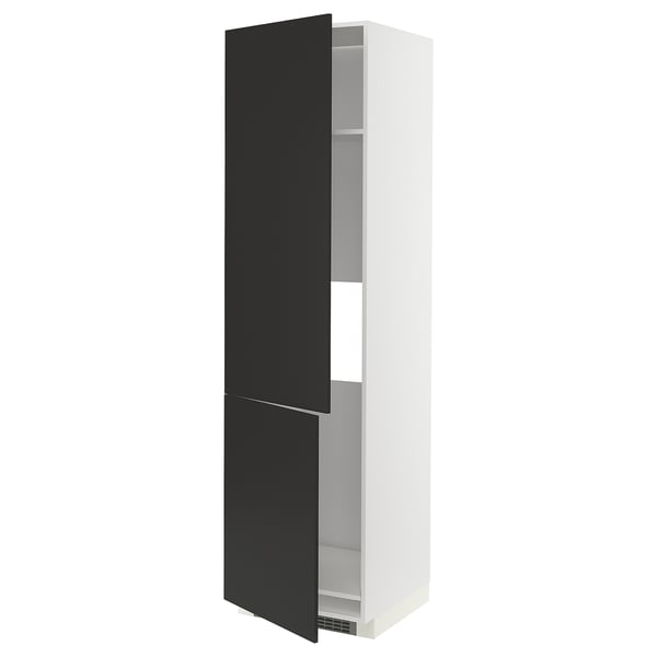 Modern, tall, white cabinet with black doors, sleek design, adjustable shelves.