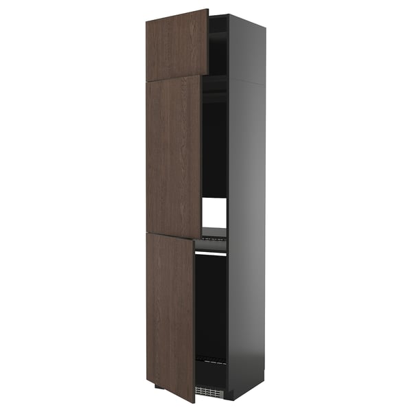Brown oak kitchen cabinet, tall, modern.