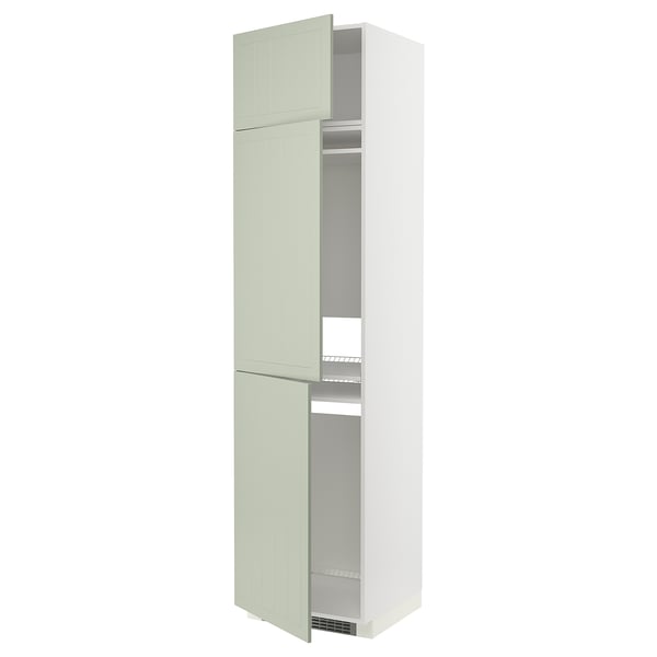 Tall kitchen cabinet, green, white, and gray, with open door, adjustable shelf.