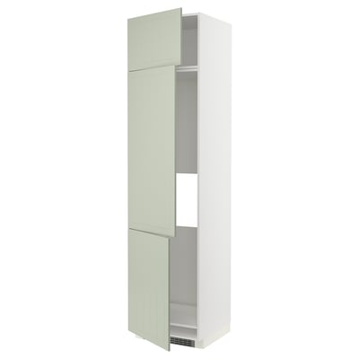 A tall green METOD kitchen cabinet with adjustable shelves and a door that can open from either side.
