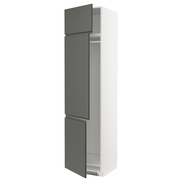 A white and dark gray METOD kitchen cabinet with integrated handles. It two doors and adjustable shelves.