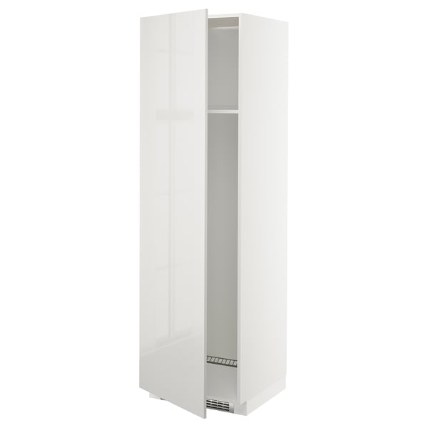 A tall white kitchen cabinet with a high-gloss finish, featuring a single door and adjustable shelves.