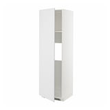 A white METOD kitchen cabinet with a door open, revealing adjustable shelves.