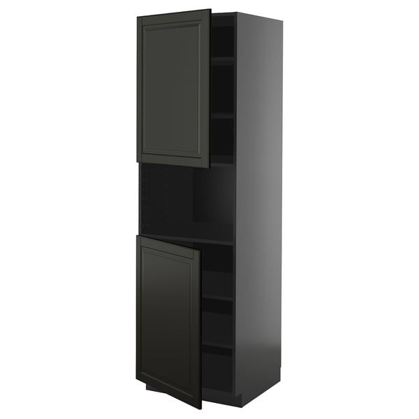 Black METOD kitchen cabinet with beveled edges, tall and rectangular, featuring two doors and adjustable shelves.