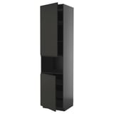 Black modern kitchen cabinet with sleek matte finish and minimalist handle, standing tall and rectangular.