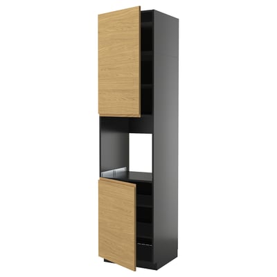 Black kitchen cabinet with wooden doors, minimalist design, oak finish.