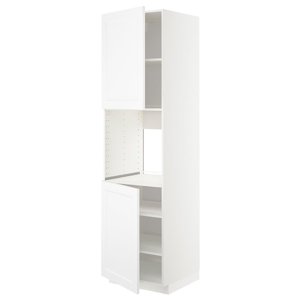 White kitchen cabinet, tall, modern design, adjustable shelves, timeless look.