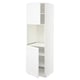 A white METOD kitchen cabinet with one open door, revealing shelves inside.