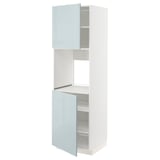 A white ikea METOD kitchen cabinet with high-gloss grey-blue kallarp doors, open to reveal inner shelves.