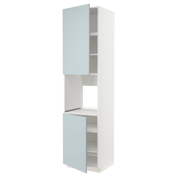 METOD kitchen cabinet in high-gloss grey-blue with two open storage sections.