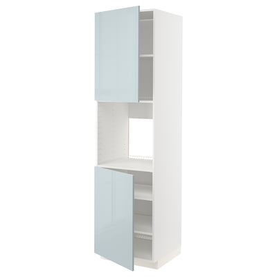 A white high cabinet with light blue glass doors, part of the METOD kitchen system, featuring adjustable shelves.