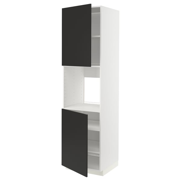Tall white kitchen cabinet with two black doors, open, revealing shelves.