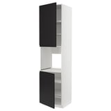 A white tall kitchen cabinet with black doors and multiple shelves.
