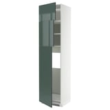 Modern tall white cabinet, high-gloss dark green doors, shelves inside.