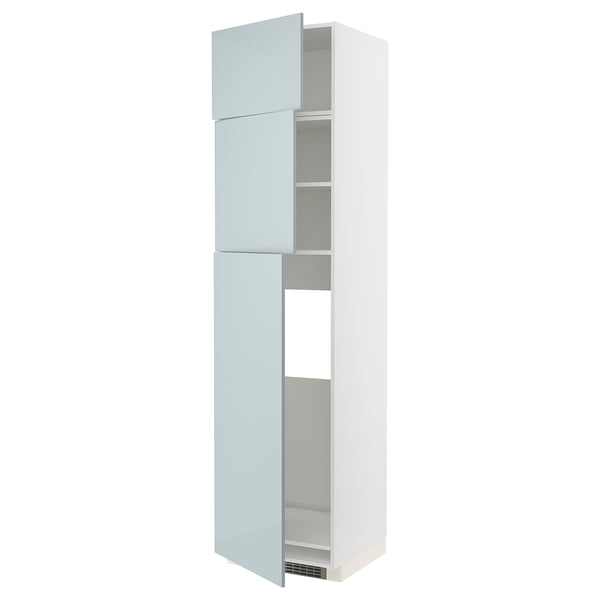 Modern kitchen cabinet, white with light blue high-gloss doors.