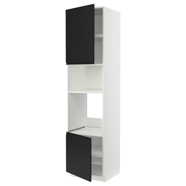 A white METOD kitchen cabinet with black doors, modern design, and adjustable shelves.
