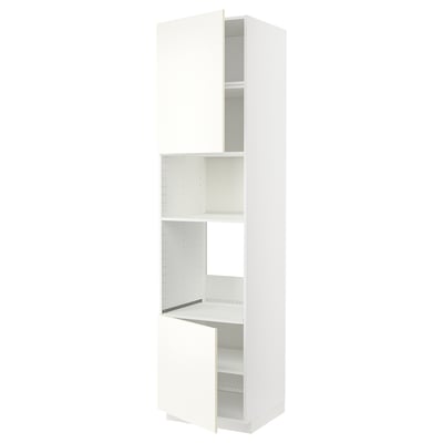 A white ikea METOD kitchen cabinet with a top door, adjustable shelves, and a pull-out compartment.
