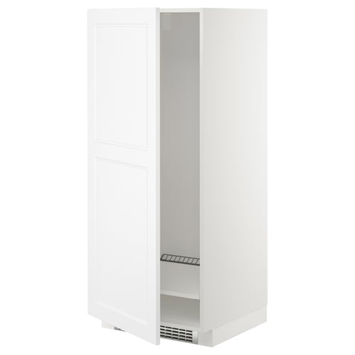 A white METOD kitchen cabinet with a swings open door revealing an adjustable shelf and a ventilation grille at the bottom.