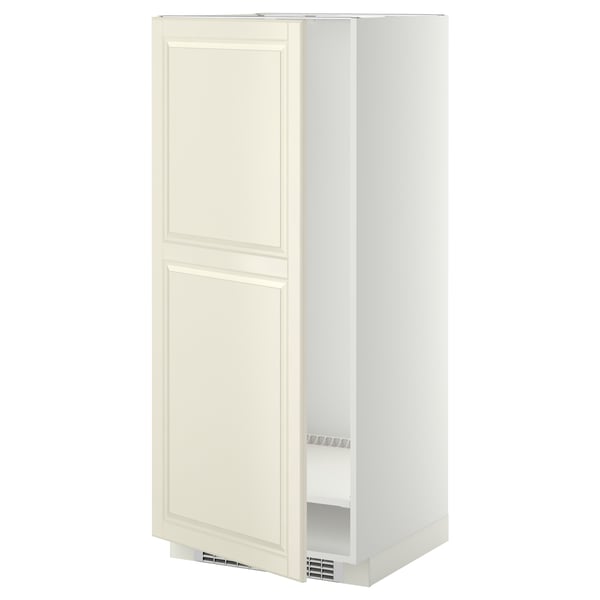 METOD kitchen cabinet in off-white with beveled edges, featuring a tall, rectangular shape with adjustable shelves and nickel-plated hinges.