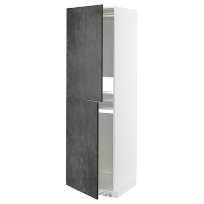 A tall, white METOD kitchen cabinet with dark grey kalhyttan fronts, featuring two doors and multiple shelves.
