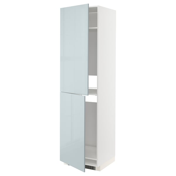 White METOD kitchen cabinet with high-gloss grey-blue doors, two adjustable shelves, square shape.