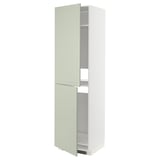 Displays a tall, green, METOD kitchen cabinet with light green stensund doors and a white frame, featuring a modern and crafted look.