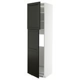 This image shows a tall, white kitchen cabinet with black doors, featuring bevelled edges. The cabinet has two adjustable shelves inside.