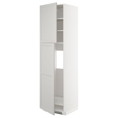 White METOD kitchen cabinet with beveled edges, tall and rectangular with two open doors revealing shelves.
