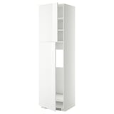 A tall white kitchen cabinet with adjustable shelves and a modern design.