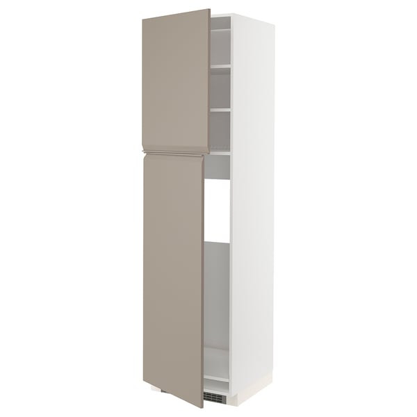 The ikea METOD kitchen cabinet in grey-beige with a modern, sleek design featuring a handle-free door and adjustable shelves.