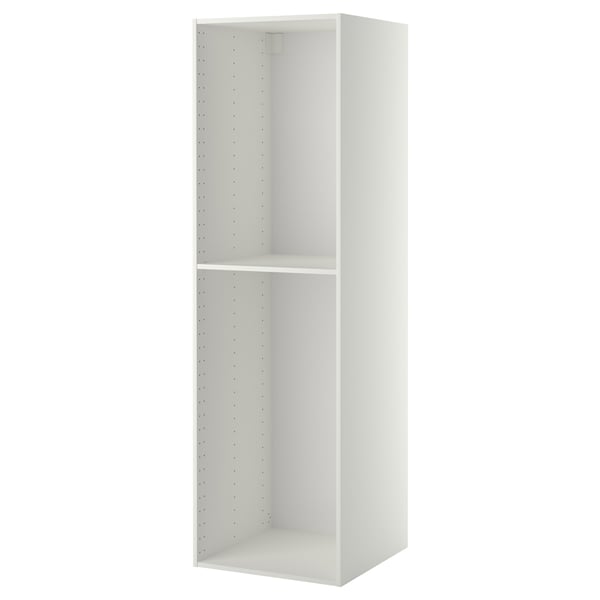 A white METOD high cabinet for kitchen storage, with a single shelf and a perforated interior for adjustable shelving.