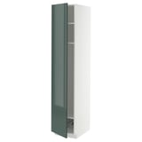 Modern kitchen cabinet, tall, green high-gloss, white frame, open door.