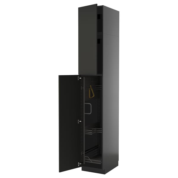 Modern black kitchen cabinet, tall with open door, featuring shelves and organizers.